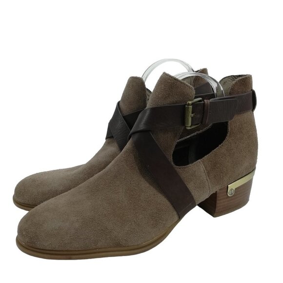 Isola Davan Havana Brown Suede Ankle Boots Size 9.5 Leather Wrap Buckle Booties - Picture 1 of 11